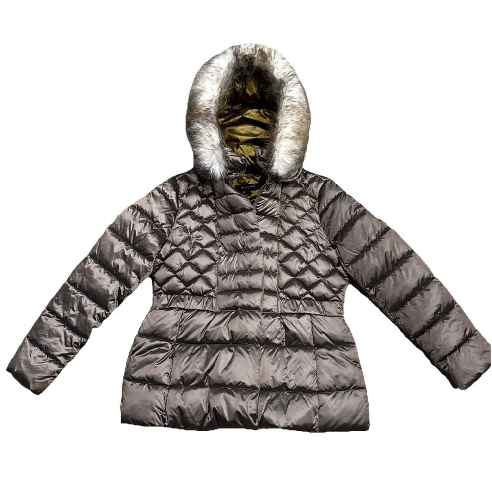 Kenneth Cole Quilted Metallic Puffer Jacket Womens Size L Faux Fur Hood Coat EUC